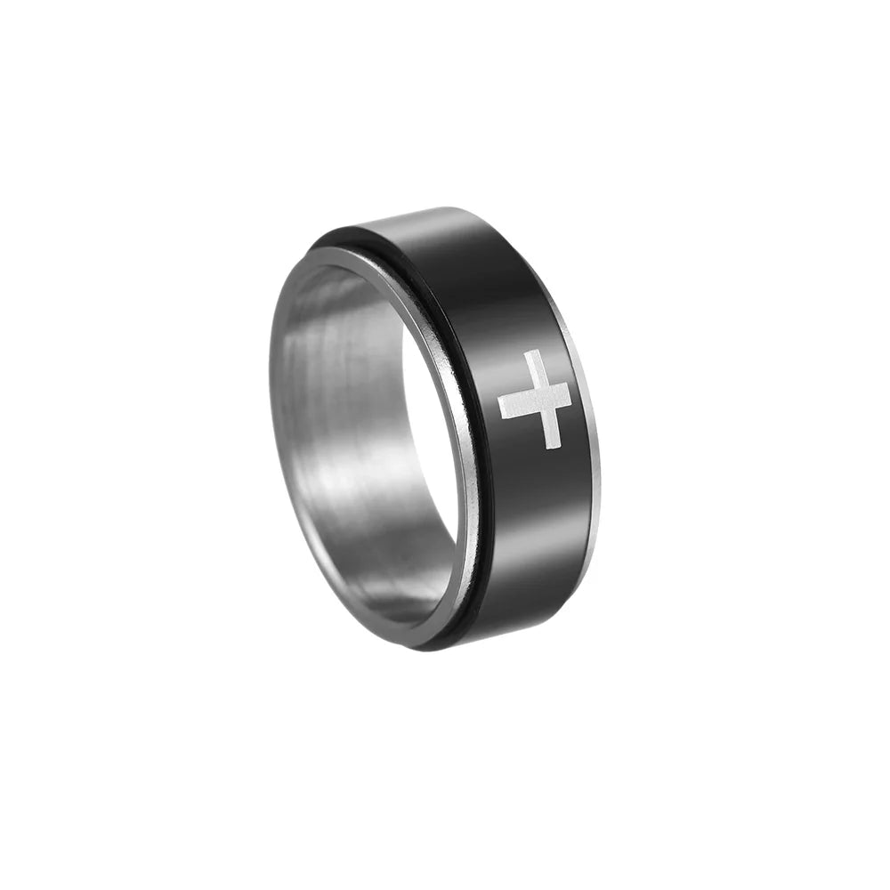 Spinner Cross Ring for Men, Black Stainless Steel Rotatable Stress Release Finger Band