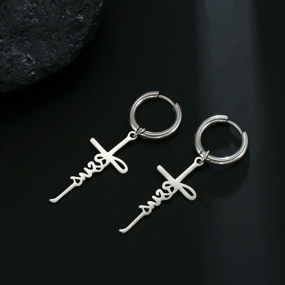 Cross Charm-Dangle Earrings Ichthys Jesus Fish-Christian Symbol Hoop Earrings