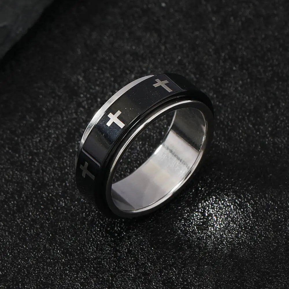 Rotating Ring for Men & Women-White Cross in Black Stainless