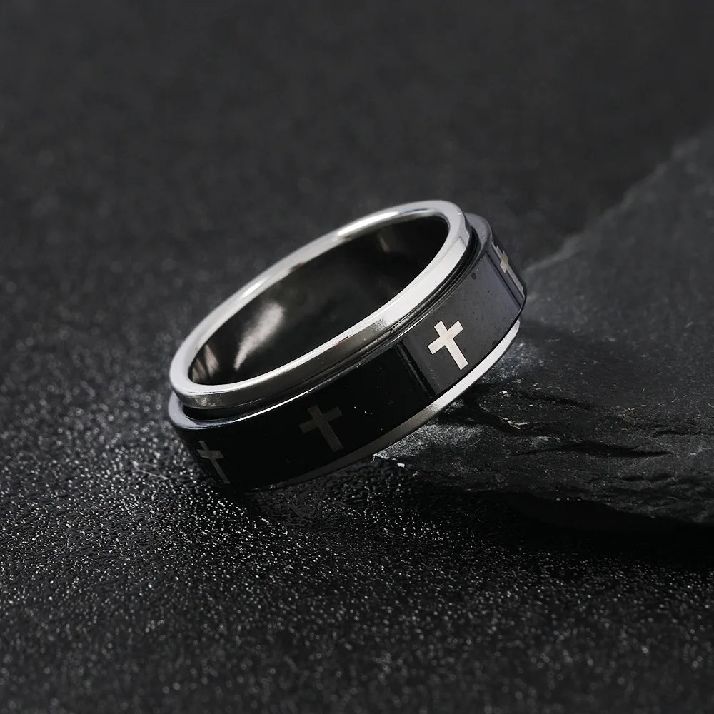 Rotating Ring for Men & Women-White Cross in Black Stainless