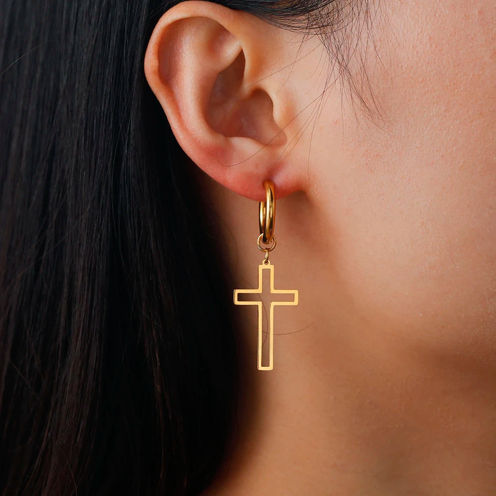 Cross Charm-Dangle Earrings Ichthys Jesus Fish-Christian Symbol Hoop Earrings