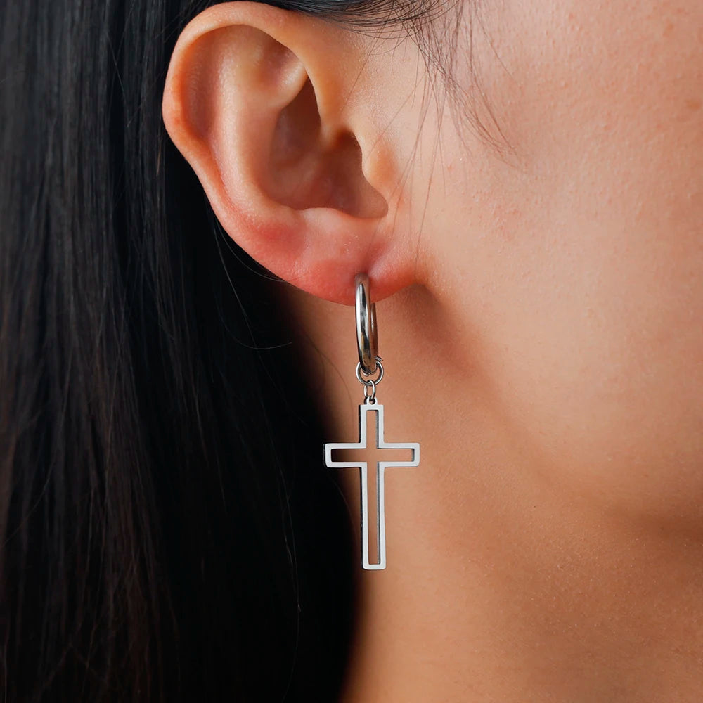 Cross Charm-Dangle Earrings Ichthys Jesus Fish-Christian Symbol Hoop Earrings