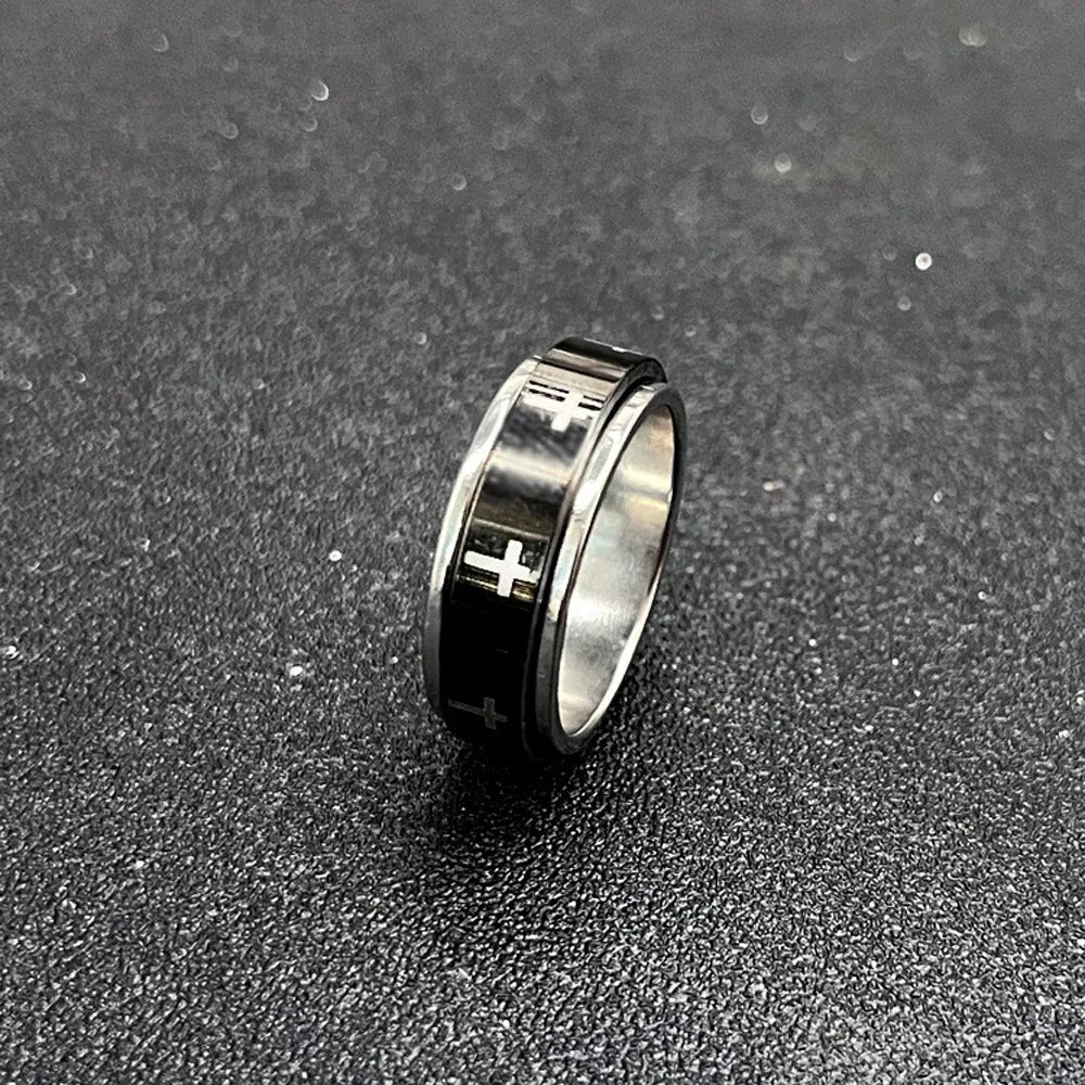 Rotating Ring for Men & Women-White Cross in Black Stainless