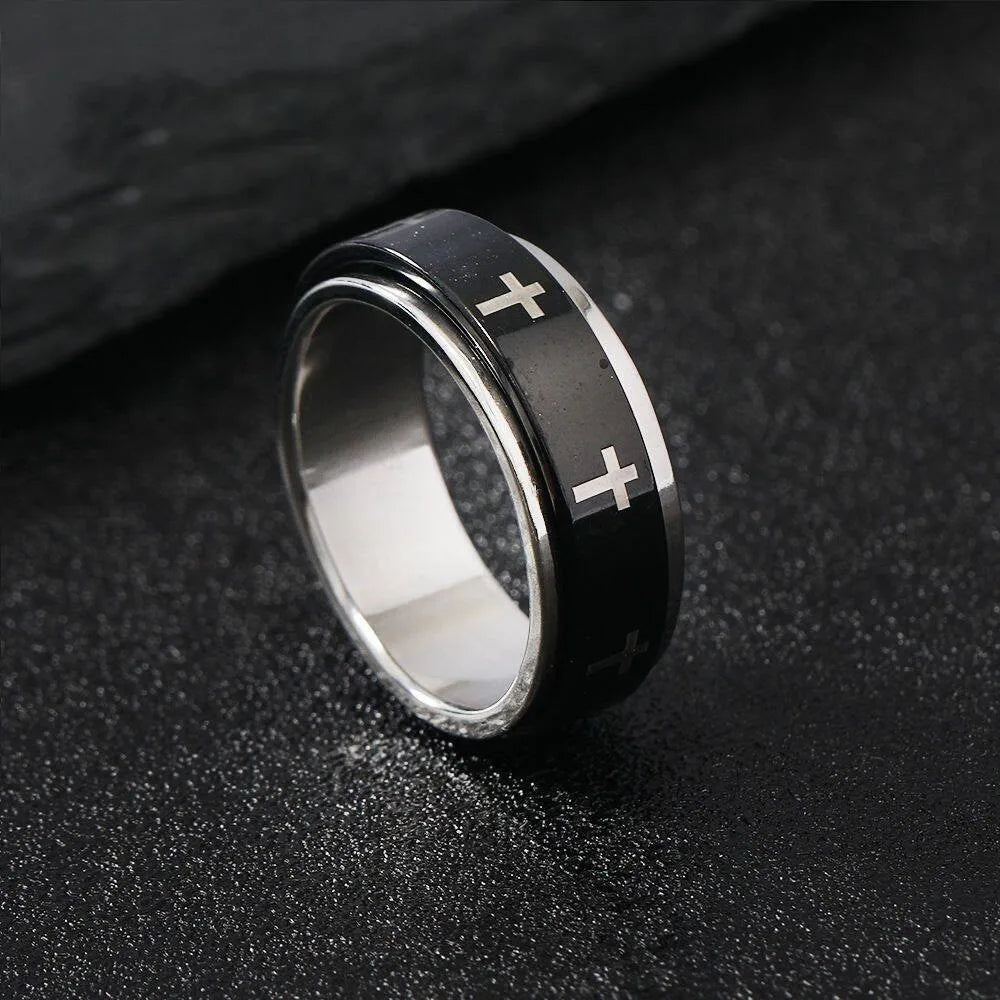 Rotating Ring for Men & Women-White Cross in Black Stainless