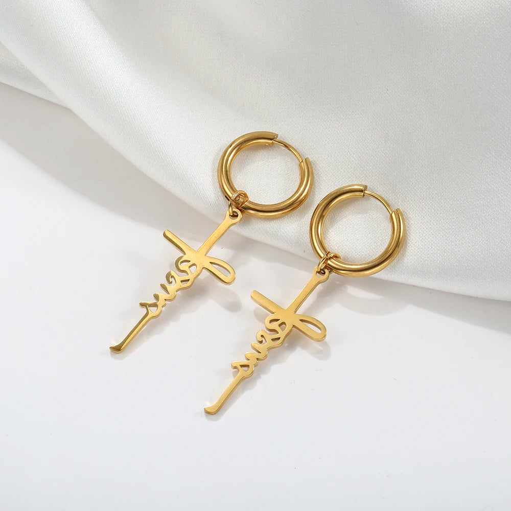 Cross Charm-Dangle Earrings Ichthys Jesus Fish-Christian Symbol Hoop Earrings