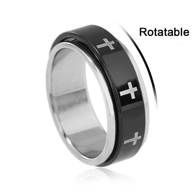 Rotating Ring for Men & Women-White Cross in Black Stainless