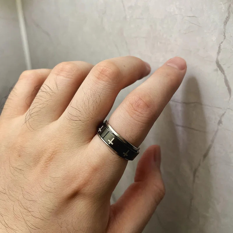 Rotating Ring for Men & Women-White Cross in Black Stainless